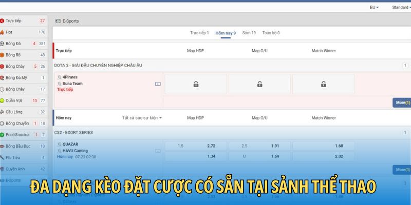 Đa dạng kèo đặt cược có sẵn tại sảnh thể thao