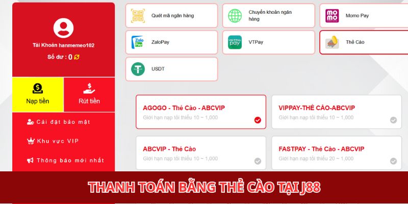 Thanh toán bằng thẻ cào tại J88